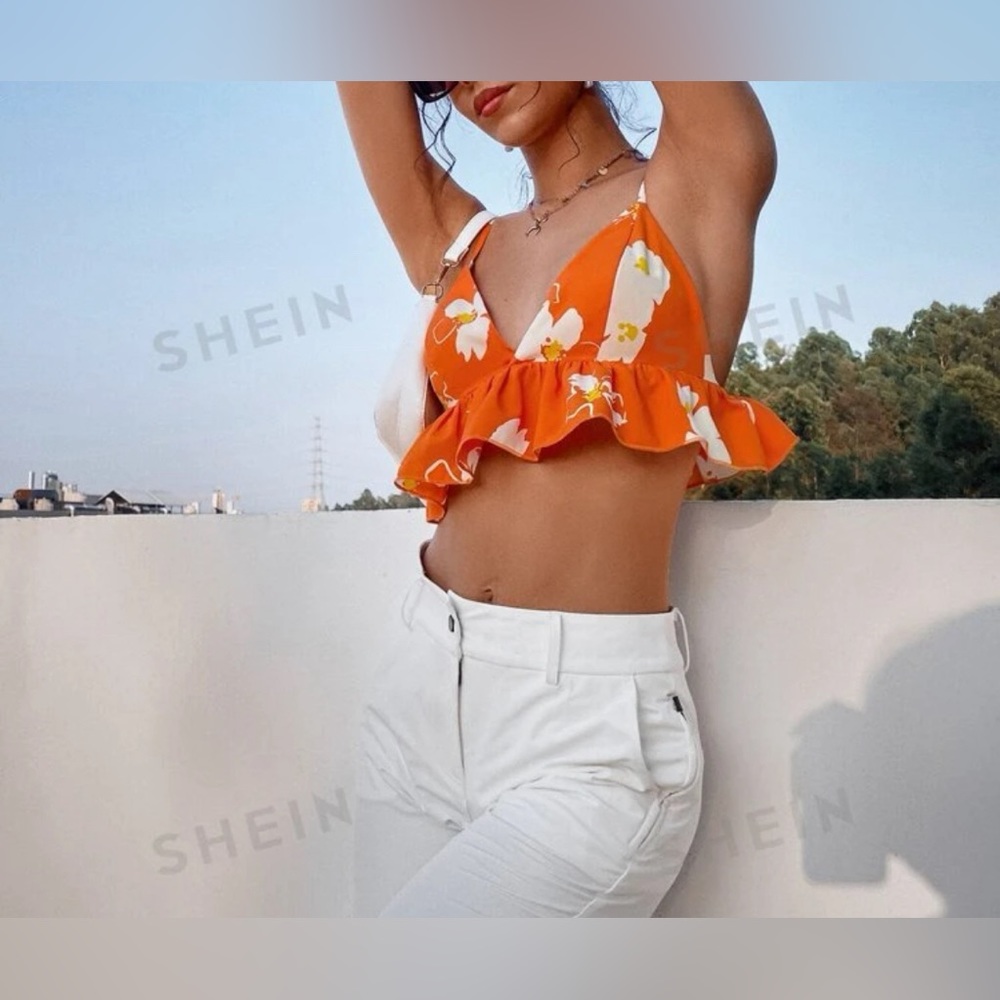 Orange Floral Ruffle Crop Top - Picture 3 of 8